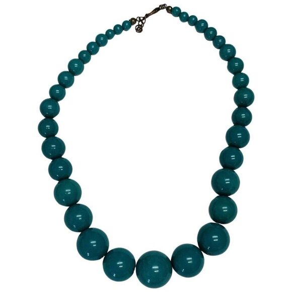 Vintage Teal Green Faux Pearl Graduated Acrylic Large Beaded Necklace 17” - Picture 1 of 7